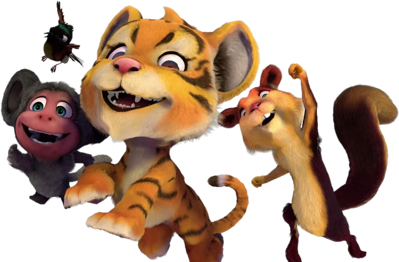 Bobby the tiger cub with his friends from the forest