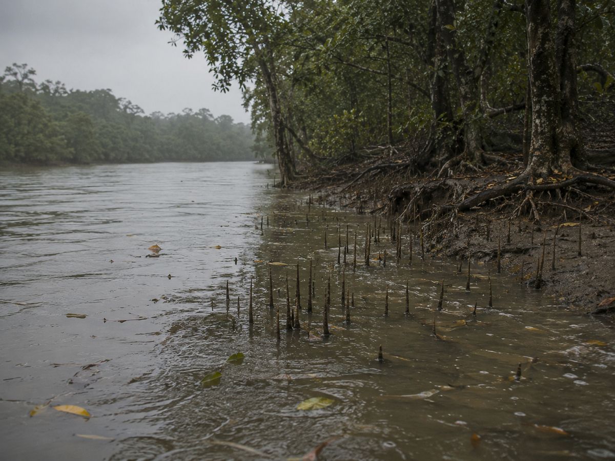 High tide floods the roots of mangrove trees in the Sundarbans.