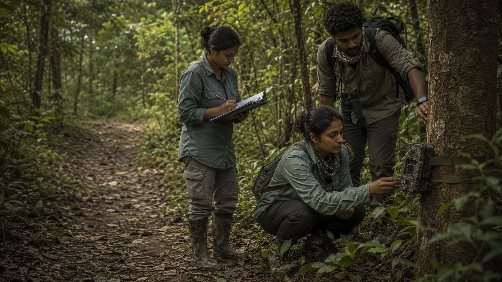 Conservation workers check a camera trap on a forest trail in tiger habitat.