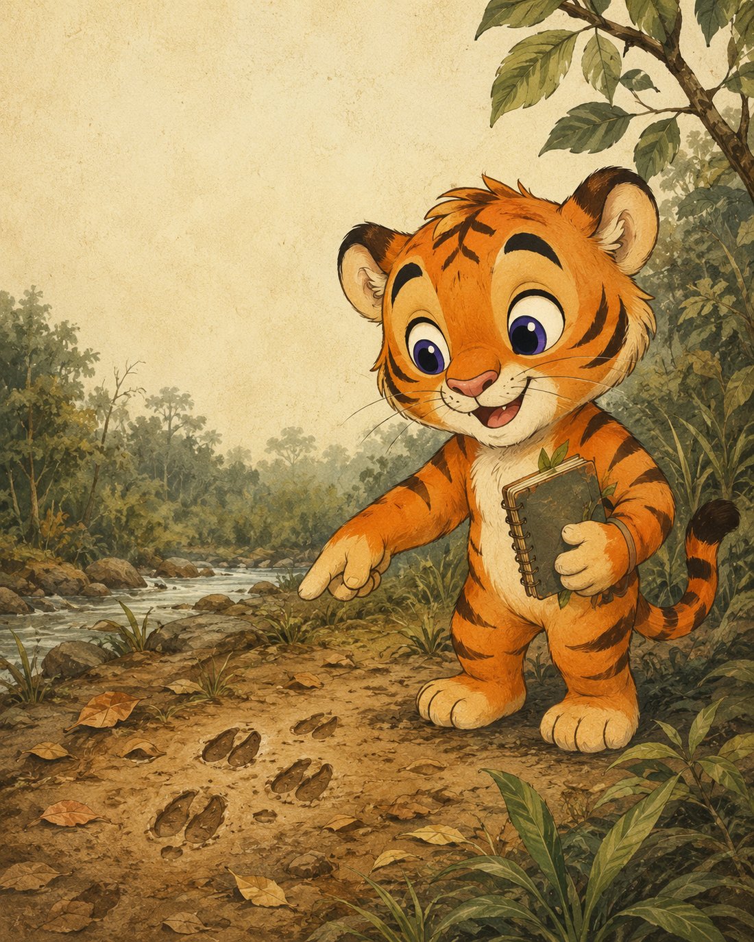 Bobby the illustrated tiger cub holds a field notebook beside forest plants and animal tracks.