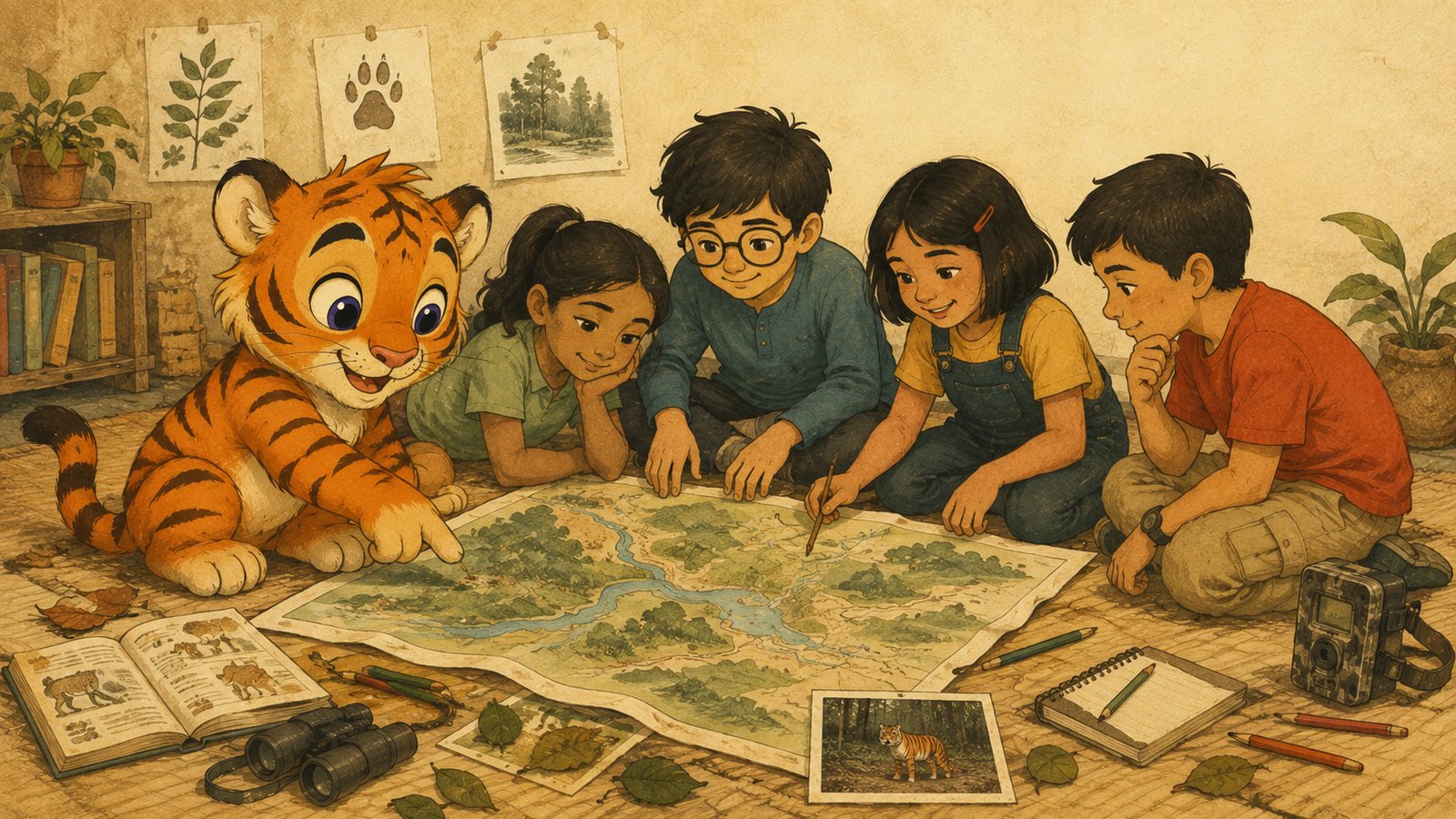 Bobby the illustrated tiger cub explores a tiger-habitat map with a group of children.
