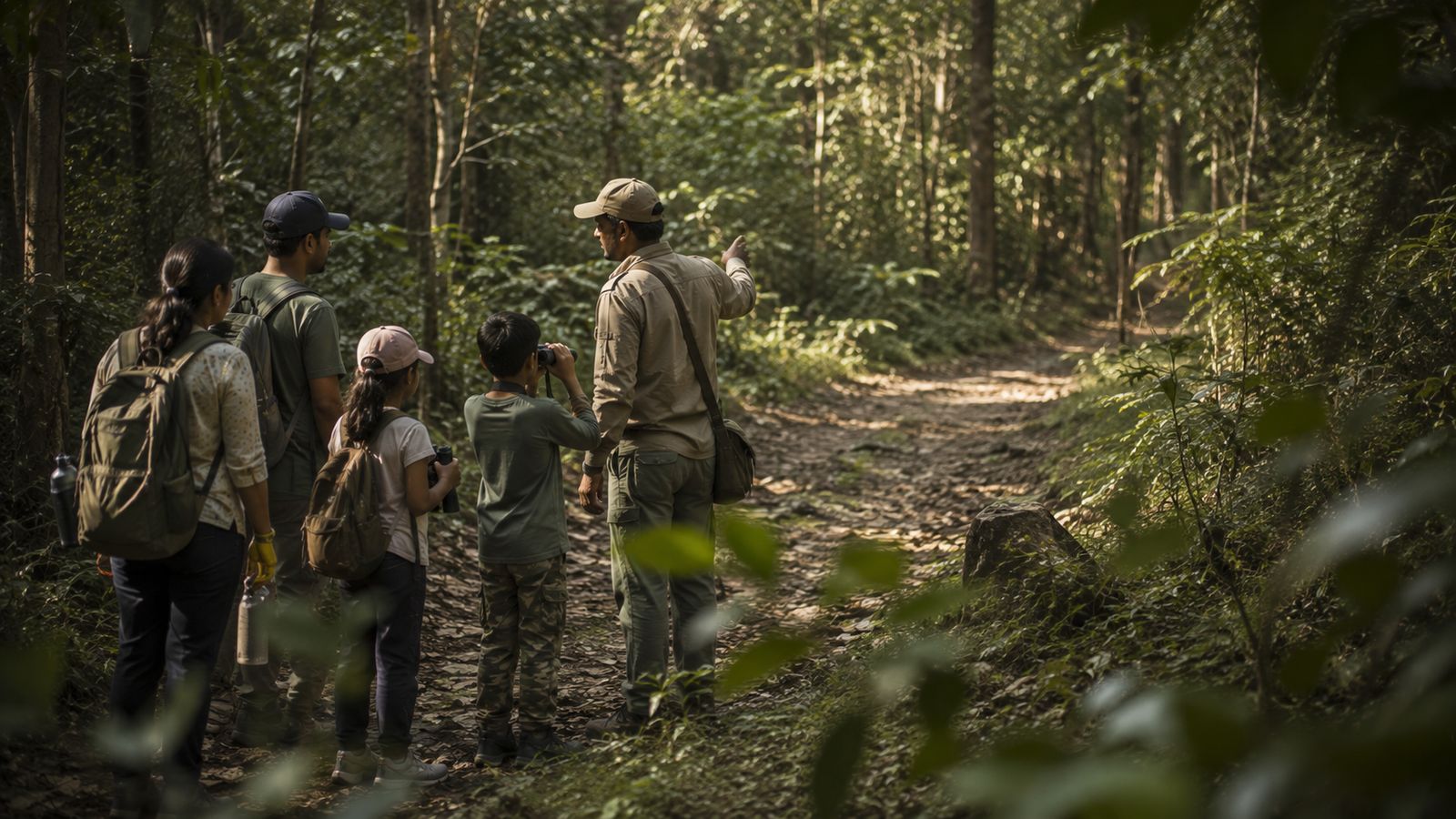 A naturalist quietly guides a small family along a marked forest trail.